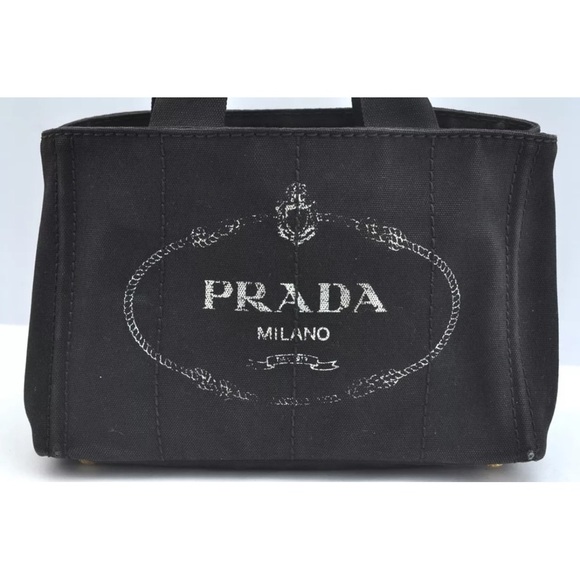 Authentic PRADA Canapa Canvas Shoulder Hand Bag Purse Black small size tote - Picture 1 of 17